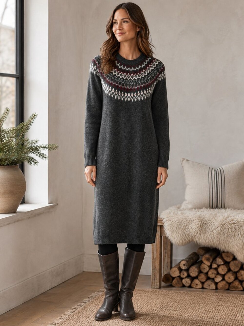 J Jill Fair Isle Sweater Dress Womens PM Grey Nordic Knit Midi Winter Petite